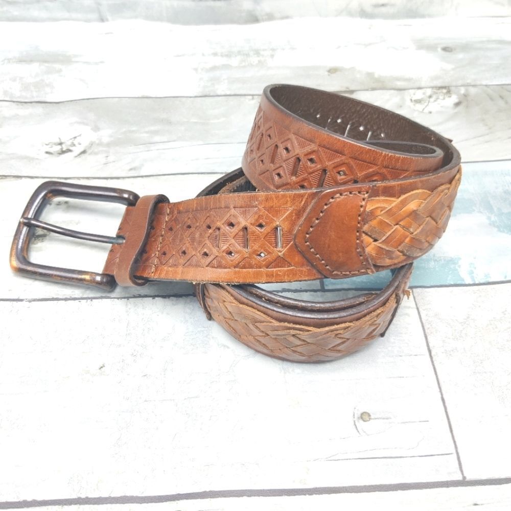 Genuine Leather Belt w/ Braided, Embossed & Cutout Accents Size 34-36 Brown